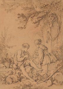 En ung herde som spelar på en flöjt för två unga herdinor av François Boucher