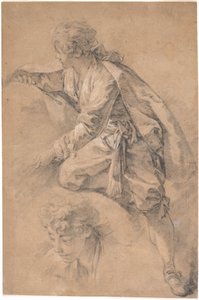 En ung person som står på ett knä, med båda armarna utsträckta av François Boucher