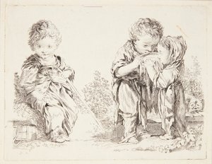 Barn som sitter på en jordklump och de små mjölkdrickarna av François Boucher