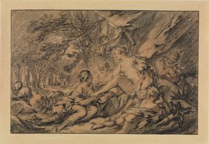 Diana vilar i skogen tillsammans med sina nymfer av François Boucher