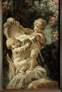 Dörrpanel i vardagsrummet Demarteau: fontän med två kärlekar, varav en ligger på knä. Målning av Francois Boucher (1703-1770) av François Boucher