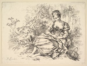 Flicka i ett landskap med en korg full av blommor av François Boucher