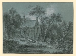 Ett hus med en trappa mellan träden, med en fiskare framför av François Boucher