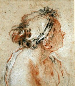 Huvud av en nymf (svart, vit och röd krita på ljusbrunt papper) av François Boucher