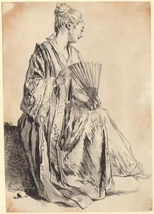 Ung kvinna som sitter och leker med en solfjäder av François Boucher
