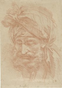 Huvud av en skäggig oriental med turban, sett framifrån, blickande nedåt av François Boucher