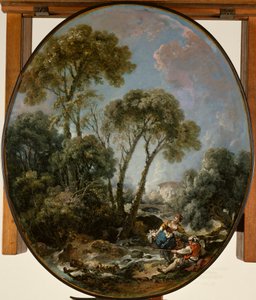 Landskap med en fiskare och en ung kvinna av François Boucher
