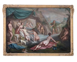 Olja på duk. Mytologisk målning, Artemis med följe överraskas i badet av Akteion av François Boucher