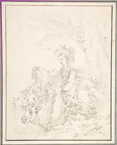 Bondflicka som rider på en oxe tillsammans med sina vänner av François Boucher