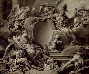 Projekt för en kartusch: En allegori över Minerva, berömmelsen, historien och tron som övervinner okunnigheten och tiden av François Boucher