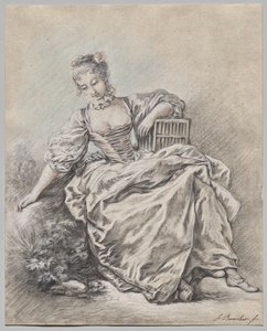 Sittande kvinna som håller en fågelbur av François Boucher