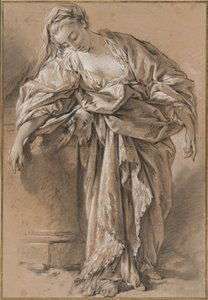 Studie av en draperad kvinna lutad på en piedestal av François Boucher