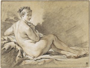 Studie av en kvinnlig naken - Francois Boucher (1703-1770). Sanguine, svartvit krita på papper