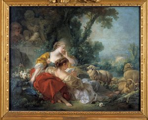 The School of Friendship Scene bucolique: två herdar och flocken. Målning av Francois Boucher (1703-1770) 1760 Karlsruhe. Staatliche Kunsthalle av François Boucher