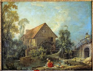 Kvarnen En kvinna tvättar tvätten i bäcken nära en vattenkvarn. Målning av Francois Boucher (1703-1770) 1751 sön. 0,66 x 0,84 m. - Kvarnen. En kvinna som tvättar kläder i bäcken nära en vattenkvarn. Målning av Francois Boucher (1703-1770) 1751. 0,66 av François Boucher