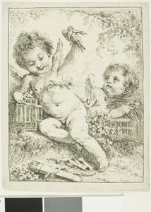 Två putti med en fågel av François Boucher