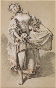 Ung countryflicka dansar, ca. 1765-70 (svart, röd och vit krita och stubbe på gulfärgat papper) av François Boucher