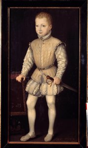 Porträtt av Henrik IV av Navarra (1553-1610), ett barn vid 4 års ålder, under sin vistelse i Paris med sina föräldrar 1557, då prins av Navarra Målning av Francois Bunel II (cirka 1552-före 1599). 1557. Dim. 1,25x0,64 m. Versailles, Versailles slott