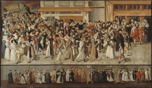 Ligans procession på Île de la Cité, lämnar Notre-Dame, ca 1590 (olja)