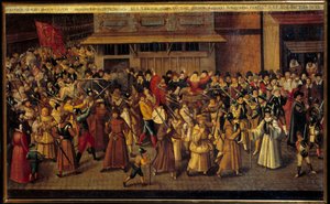 Religiösa krig mellan katoliker och protestanter: "" Procession av förbundet vid slutet av katedralen Notre Dame den 4/02/1593"". Målning av Francois II Bunel (1522-1599)