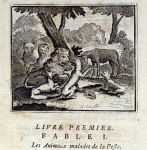 Djur som är sjuka av pesten. Fabler av Jean de La Fontaine (1621-95). Illustration av Francois Chauveau (1613-1676). Upplaga av 1728. av Francois Chauveau