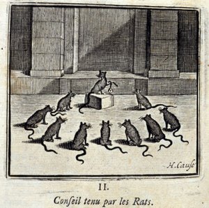 Styrelse som innehas av råttorna. Fabler av Jean de La Fontaine (1621-95). Illustration av Francois Chauveau (1613-1676). Upplaga av 1728. av Francois Chauveau