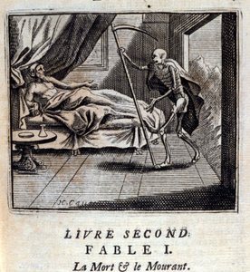 Död och döende. Fabler av Jean de La Fontaine (1621-95). Illustration av Francois Chauveau (1613-1676). Upplaga av 1728.