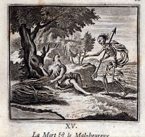 Döden och de olyckliga. Fabler av Jean de La Fontaine (1621-95). Illustration av Francois Chauveau (1613-1676). Upplaga av 1728. av Francois Chauveau