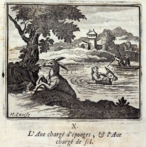 Åsnan massor av svampar och åsna massor av salt. Fabler av Jean de La Fontaine (1621-95). Illustration av François Chauveau (1613-1676). Upplaga av 1728. av Francois Chauveau