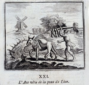 Åsnan som bär lejonets hud. Fabler av Jean de La Fontaine (1621-95). Illustration av François Chauveau (1613-1676). Upplaga av 1728. av Francois Chauveau