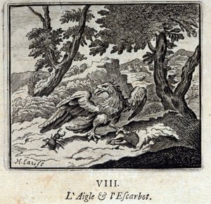 Örn och snigel. Fabler av Jean de La Fontaine (1621-95). Illustration av Francois Chauveau (1613-1676). Upplaga av 1728. av Francois Chauveau