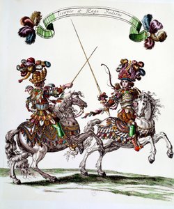 Indiska Ecuyer och en page under karusellen som kung Ludvig XIV (1638-1715) gav till Tuilerierna 1662 för att fira Dauphins födelse. Gravyr av Francois Chauveau (1613-1676) 1600-tal Privat samling.