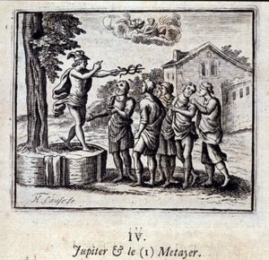 Jupiter och Metayer. Fabler av Jean de La Fontaine (1621-95). Illustration av Francois Chauveau (1613-1676). Upplaga av 1728. av Francois Chauveau