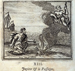Jupiter och passageraren. Fabler av Jean de La Fontaine (1621-95). Illustration av Francois Chauveau (1613-1676). Upplaga av 1728. av Francois Chauveau