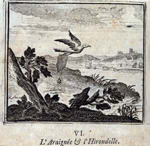 Spindeln och svalan, fabler av Jean de La Fontaine (1621-95). Illustration av François Chauveau (1613-1676). Upplaga av 1728. av Francois Chauveau