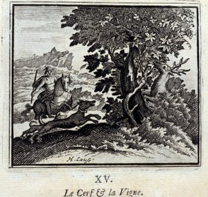 Hjorten och vinstocken Fabler av Jean de La Fontaine (1621-95). Illustration av François Chauveau (1613-1676). Upplaga av 1728. av Francois Chauveau