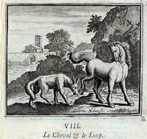 Hästen och vargen. Fabler av Jean de La Fontaine (1621-95). Illustration av François Chauveau (1613-1676). Upplaga av 1728. av Francois Chauveau