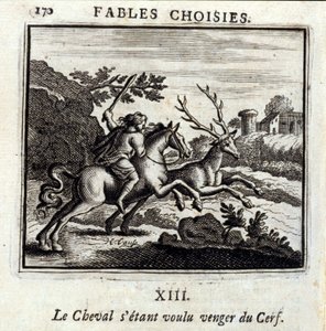 Hästen ville hämnas för hjorten. Fabler av Jean de La Fontaine (1621-95). Illustration av Francois Chauveau (1613-1676). Upplaga av 1728. av Francois Chauveau