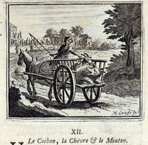 The Pig the Goat and the Mut.Fables av Jean de La Fontaine (1621-95). Illustration av Francois Chauveau (1613-1676). Upplaga av 1728. av Francois Chauveau
