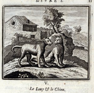 Vargen och hunden. Fabler av Jean de La Fontaine (1621-95). Illustration av Francois Chauveau (1613-1676). Upplaga av 1728.