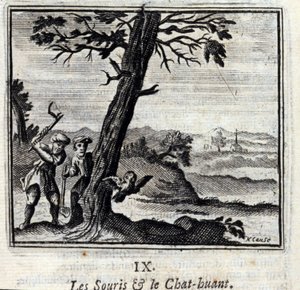 Mössen och Huantkattens fabler av Jean de La Fontaine (1621-95). Illustration av Francois Chauveau (1613-1676). Upplaga av 1728. av Francois Chauveau