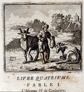 Man och orm. Fabler av Jean de La Fontaine (1621-95). Illustration av Francois Chauveau (1613-1676). Upplaga av 1728. av Francois Chauveau