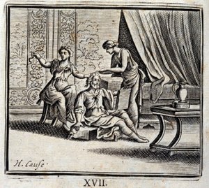 Man mellan två åldrar och hans två älskarinnor. Fabler av Jean de La Fontaine (1621-95). Illustration av Francois Chauveau (1613-1676). Upplaga av 1728. av Francois Chauveau