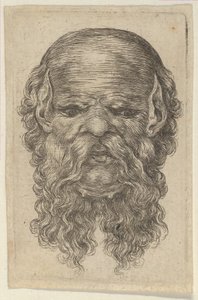 Mask av en skallig man med spetsiga öron och ett långt, delat skägg, från Divers Masques, ca. 1635-45. av Francois Chauveau