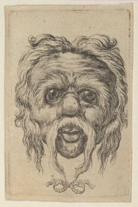 Mask med lång mustasch bundet med ett band under hakan, från Divers Masques, ca. 1635-45. av Francois Chauveau