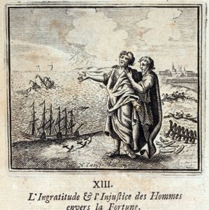 Mäns otacksamhet och orättvisa mot Fortune. Fabler av Jean de La Fontaine (1621-95). Illustration av François Chauveau (1613-1676). Upplaga av 1728. av Francois Chauveau