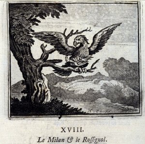 Milano och näktergalen. Fabler av Jean de La Fontaine (1621-95). Illustration av Francois Chauveau (1613-1676). Upplaga av 1728. av Francois Chauveau
