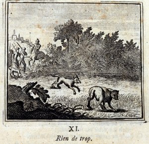 Inget för mycket. Fabler av Jean de La Fontaine (1621-95). Illustration av Francois Chauveau (1613-1676). Upplaga av 1728. av Francois Chauveau