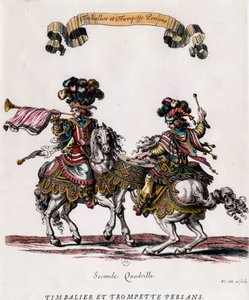 Persisk timbalier och trumpet under karusellen som gavs av kung Ludvig XIV (1639-1715) Gravyr av Francois Chauveau (1613-1676) cirka 1662 Privat samling av Francois Chauveau