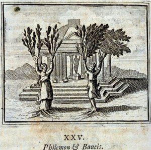 Filemon och Baucis. Fabler av Jean de La Fontaine (1621-95). Illustration av Francois Chauveau (1613-1676). Upplaga av 1728.